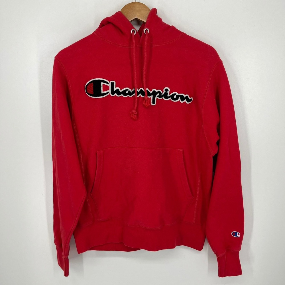 Champion Reverse Weave Red Chenille Script Logo Hoodie Mens Small